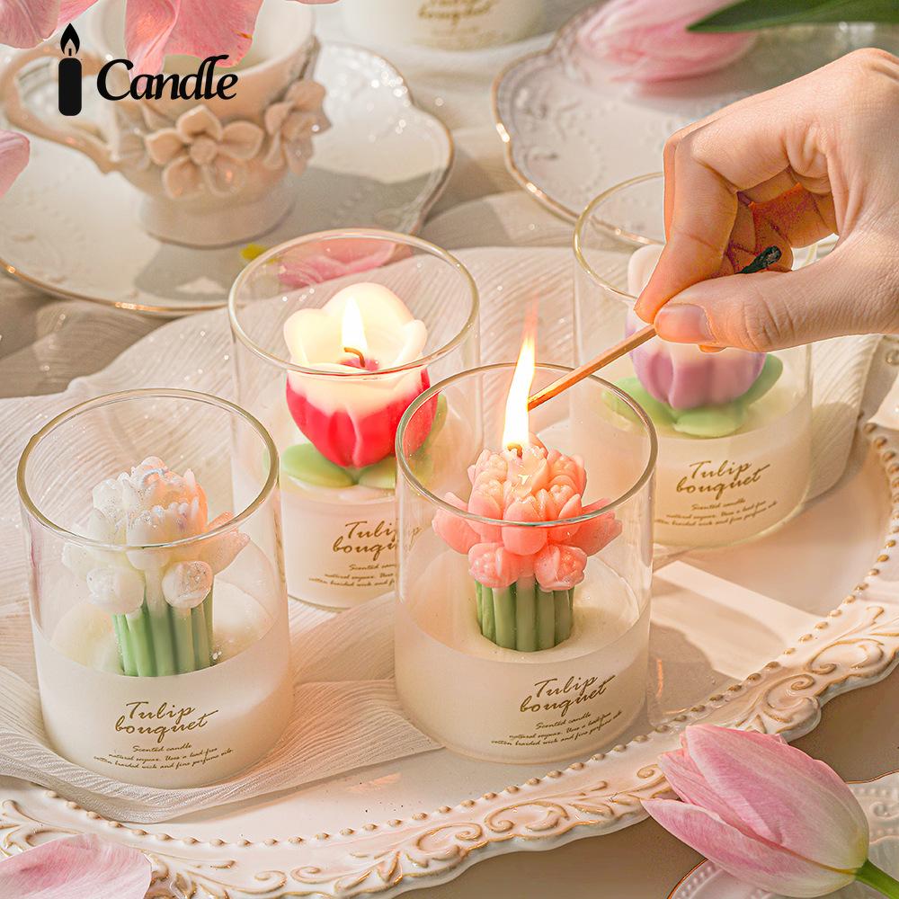 Lover flower scented candle ins atmosphere fragrance gift box tulip bouquet shape scented candle cup