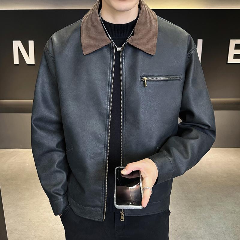PU Leather Jacket Men's Workwear Style Tough Street Simple Motorcycle Style Fashionable Men's Jacket