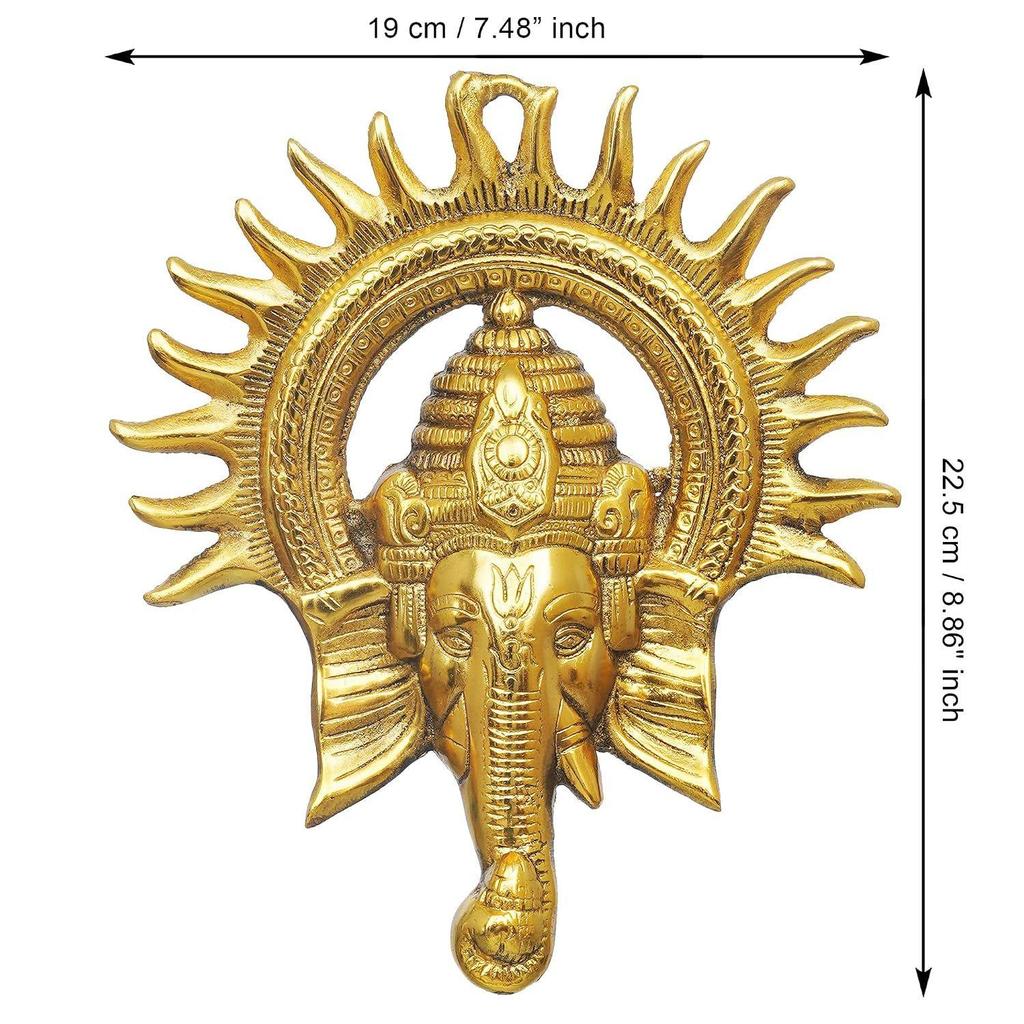 Soleil Métallique Doré Décoratif Ganesha Suspendu au Mur | Statue du Seigneur Ganesha Œuvre d'Art Murale - Pièce de Présentation Décorative pour la Décoration Murale