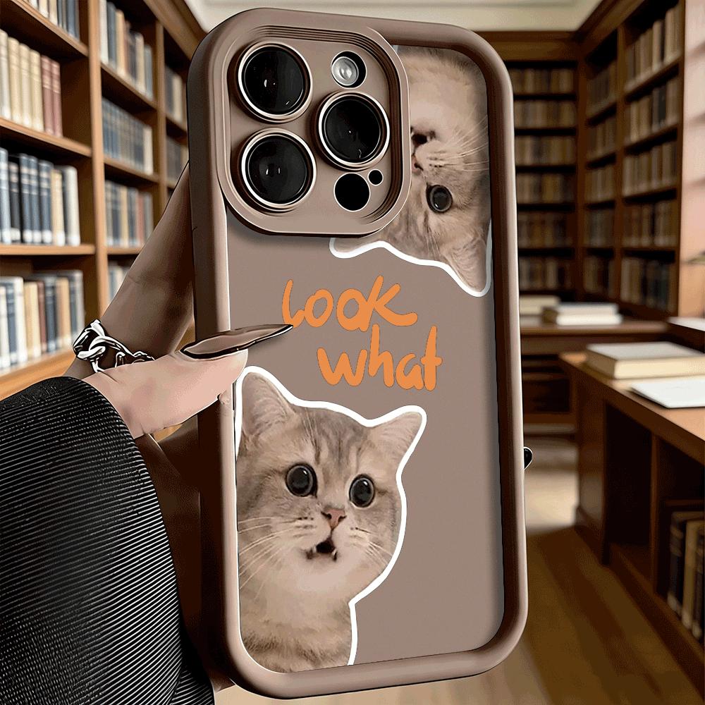 Cute Cat Faces with 'look What' Text Soft TPU Phone Case for iPhone 17 16 15 14 13 12 11 Pro Max Plus Shockproof Anti-Slip Cover