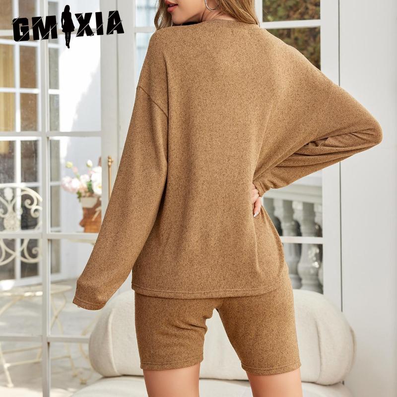 GMXIA Fashion Casual Sportswear Pajamas Women Spring and Autumn Models Solid Colour Long-sleeved Shorts Two-piece Homewear