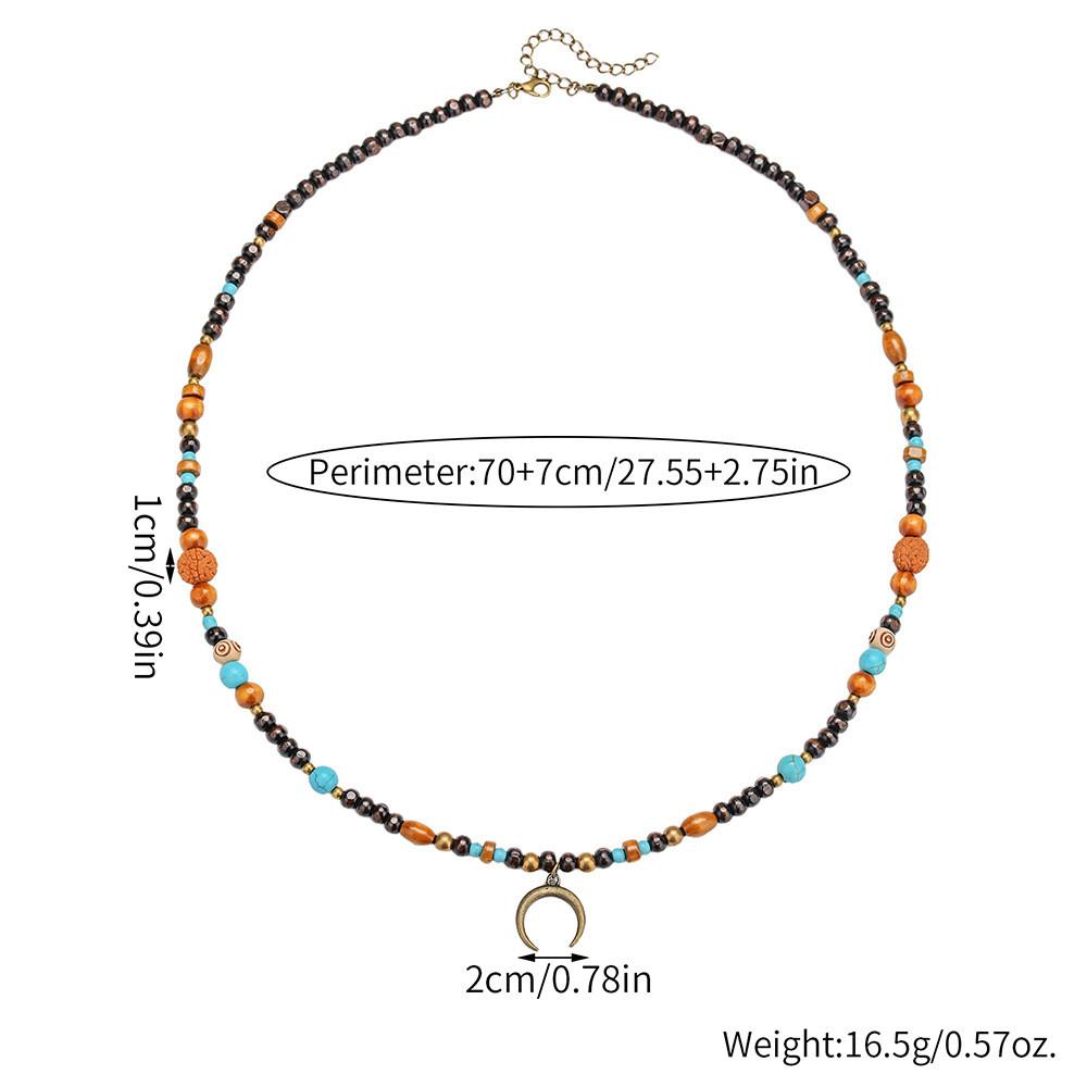 Geometric Wooden Bead Necklace With Moon Pendant For Men And Women