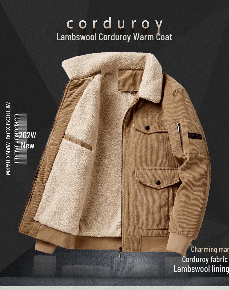 Men's Autumn/Winter 2025 Corduroy Lambswool Jacket - Thickened Warm Outerwear for Middle-Aged Men