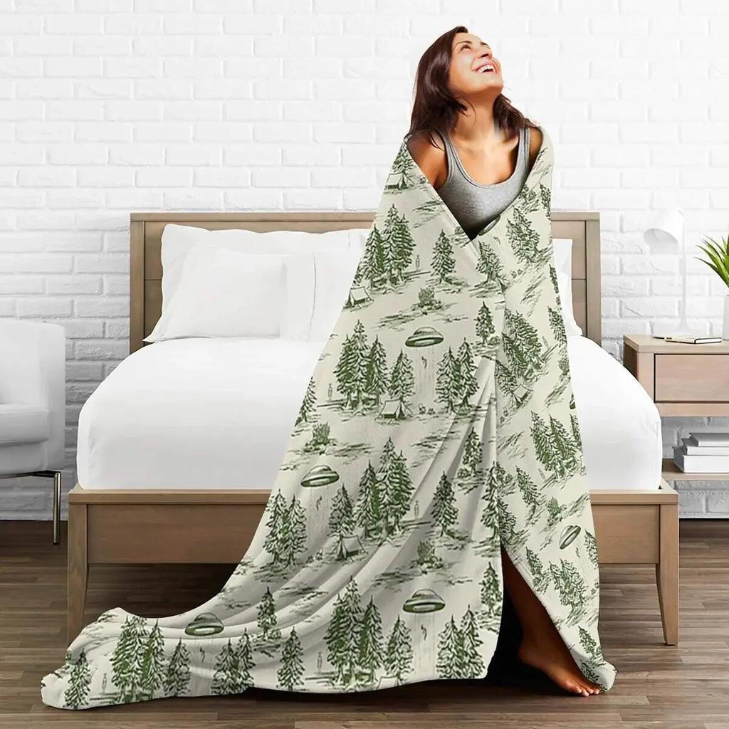 Green Alien Abduction Toile De Jouy Pattern Blankets Soft Warm Flannel Throw Blanket Bedding for Bed Living Room Picnic Home