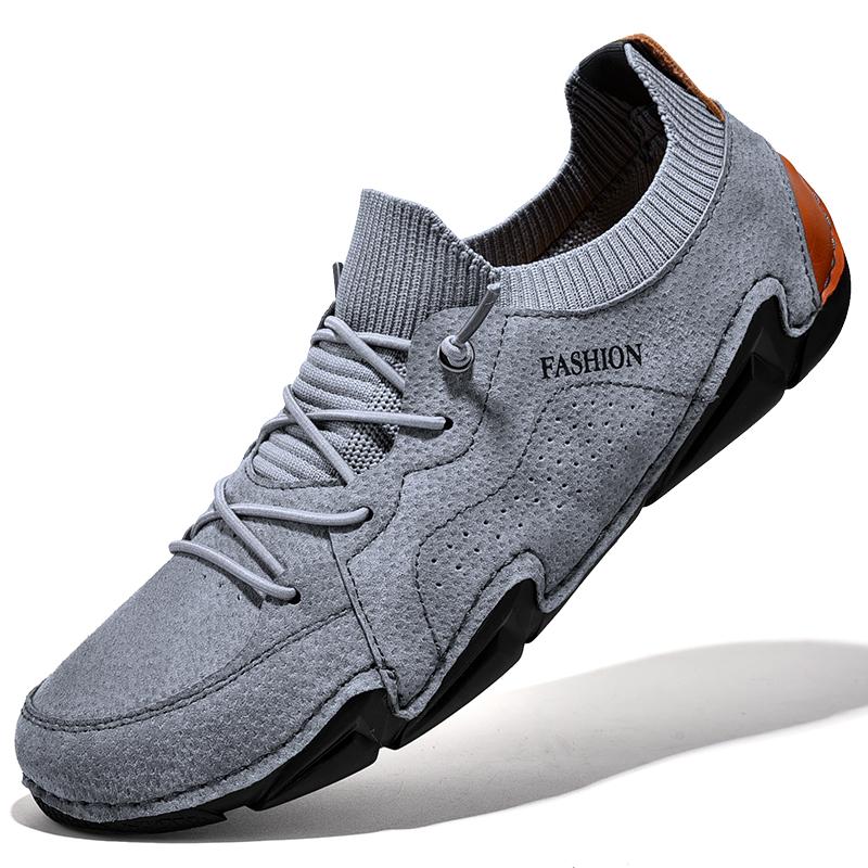 Herrenschuhe Lässige Leder Wildleder Sneaker Mann Outdoor Freizeitspaziergang Flats Männlich Bequem Atmungsaktiv Socken Schuhe Mode Slipper