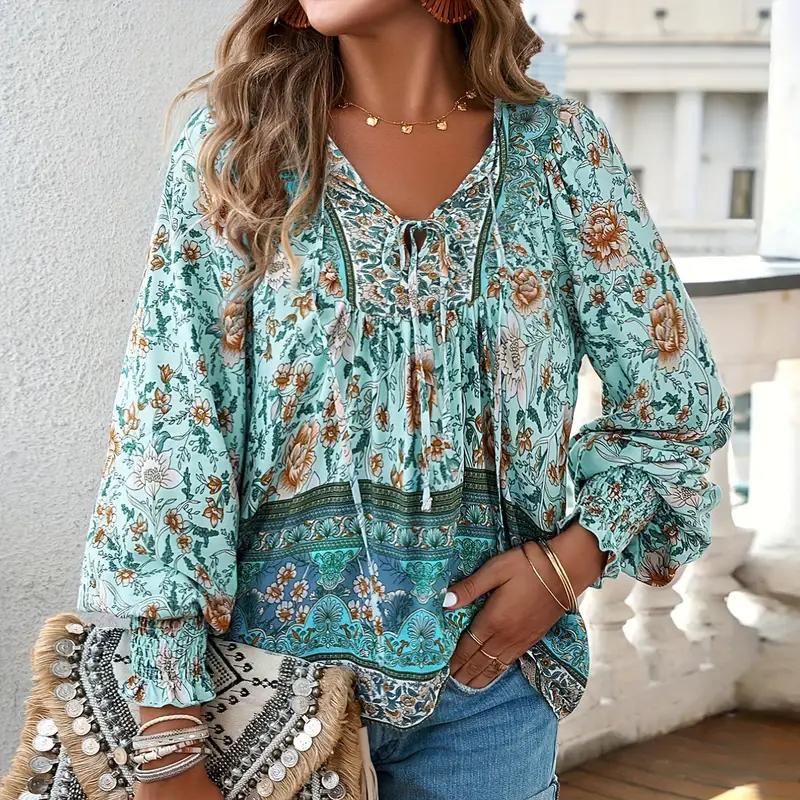 

Блузка с цветочным принтом и V-образным вырезом, повседневная блузка с цветочным принтом и V-образным вырезом, с длинным рукавом и завязками на весну и осень - женская одежда L зелёный