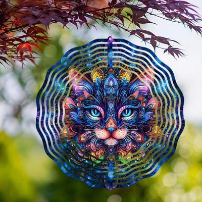 Bohemian Blue Cat Metal Wind Chime - Vibrant, Colorful Design with 360° Rotating Hook, Dual-Sided Print for Garden, Balcony, Yard Decor - Ideal