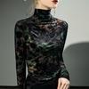Women Clothing Vintage Elegant Flower Flocking High Collar Basic T-shirt Autumn Winter Sexy Mesh Long Sleeve Slim Pullover Tops