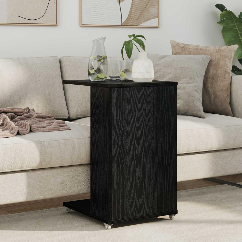 Side Table with Wheels Black Oak Effect 40 X 35 X 60 Cm