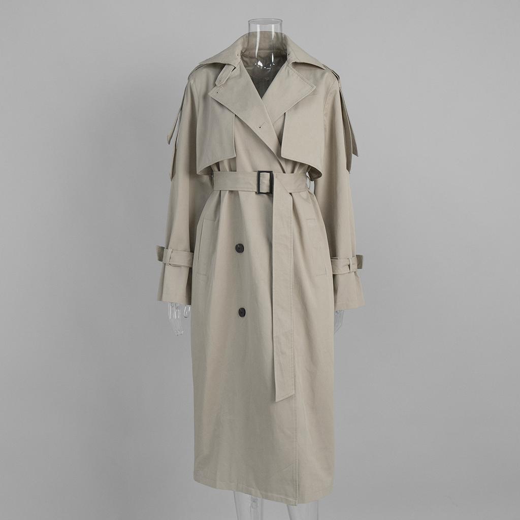 Extended trench coat, European, American autumn and winter pure cotton retro loose coat, lace-up waist trench coat women