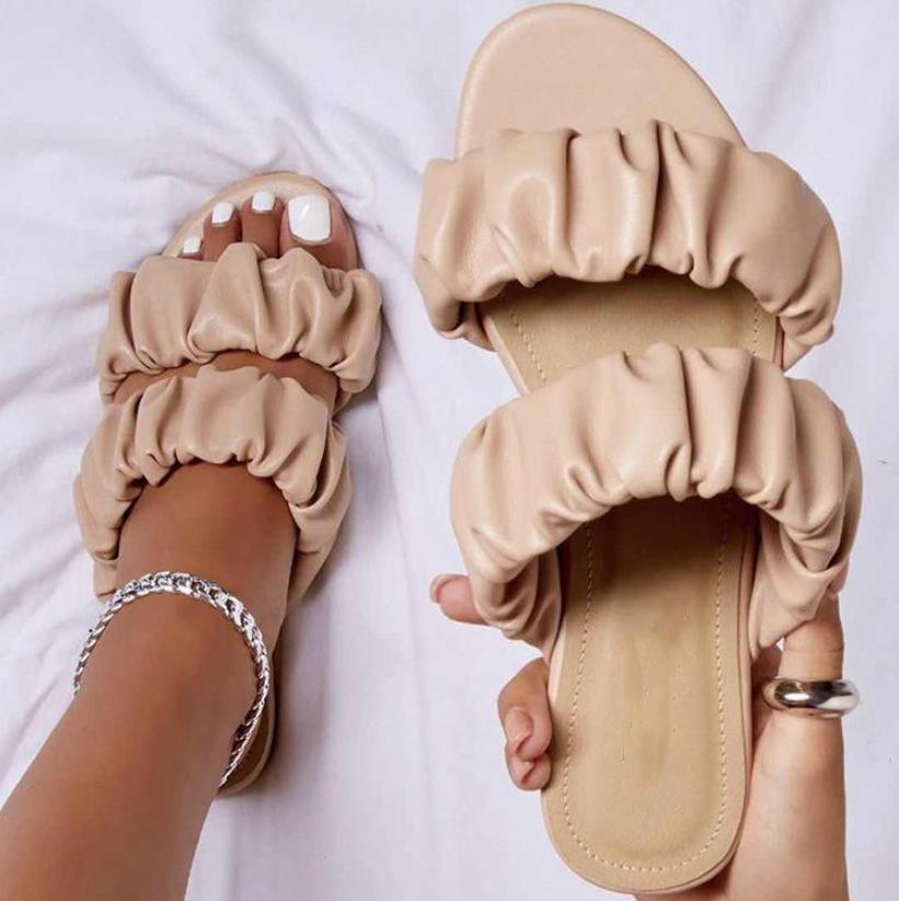 Fashion 2024 Women's Summer New Double-layer Leather Sandals Pleated Flat Bottomed Women's Outdoor Beach Outdoor Slippers