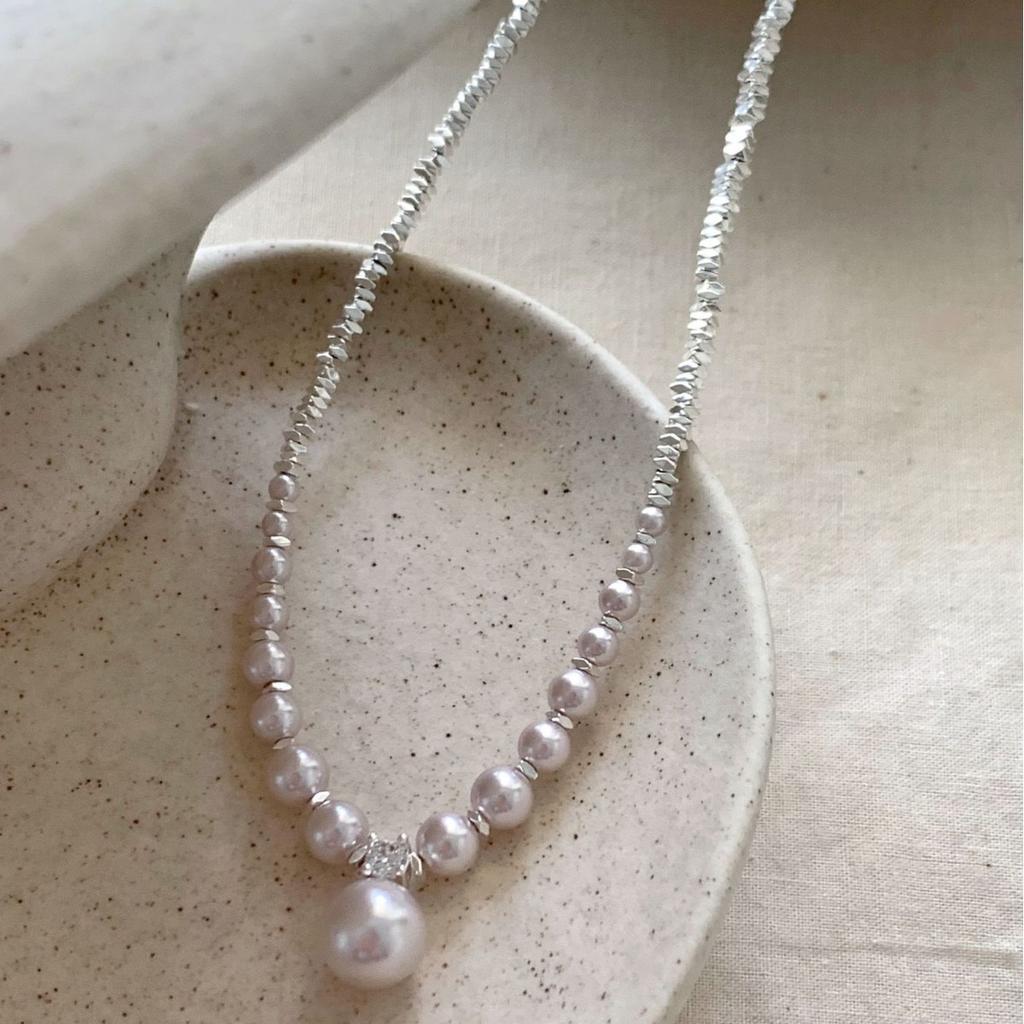 Broken silver pearl zircon pendant beaded necklace French retro temperament collarbone chain light luxury niche high-end jewelry