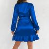Women Satin Royal Blue Wrap V Neck Ruffle Hem Long Sleeve Mini Dress