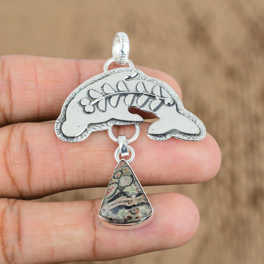 Natural Leopardskin Jasper Gemstone Pendant Fish 925 Sterling Silver For Girls
