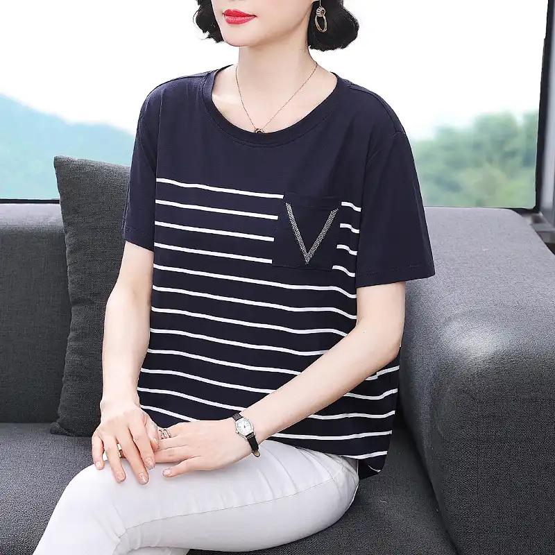 Sommer Kurzarm All-Match Neues T-Shirt Damen Gestreift Lockerer Schnitt Schlankmachend Koreanische Version Vintage Top