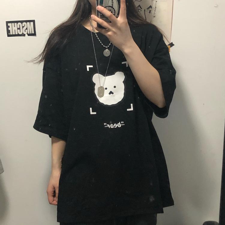 Bear Short-sleeved T-shirt Women's Ins Tide Medium and Long Bf Harajuku Lazy Style Korean Version Large Version Loose Hong Kong Style Half-sleeved Top