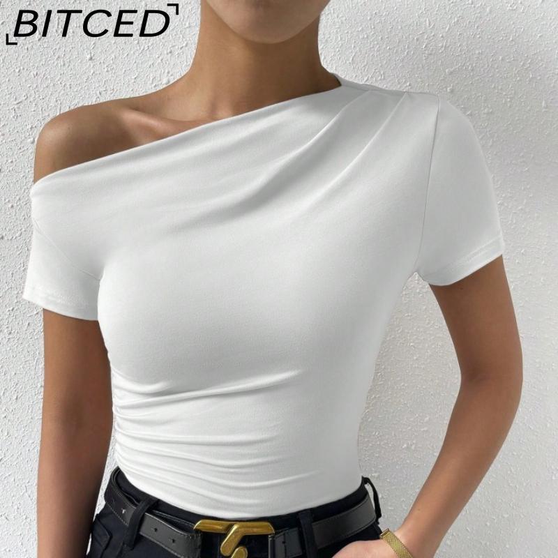 BITCED Spring/Summer Women's Slim-Fit Pleated Asymmetric Hem Short-Sleeved T-Shirt Top