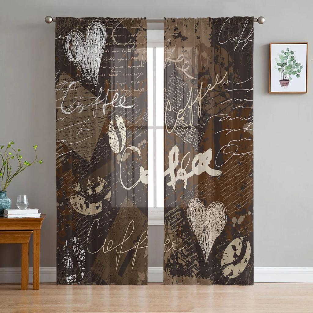 Vintage Text Coffee Tulle Curtains for Living Room Printed Sheer Voile Curtain Bedroom Window Screening Drapes Blinds Home Decor