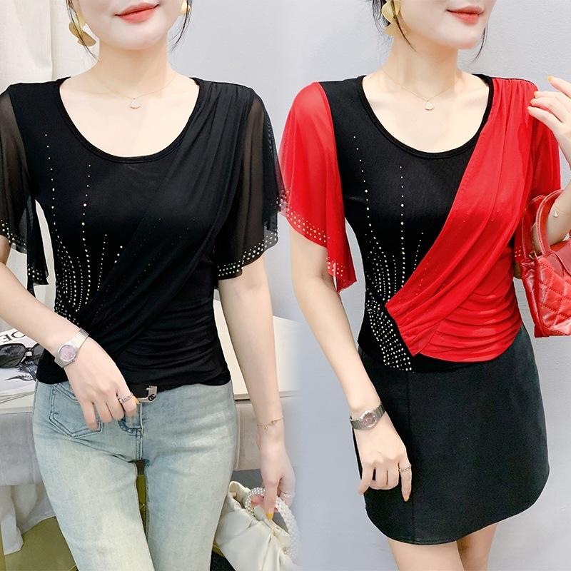 Women Summer Patched Ruffles Short Sleeve Mesh T-shirt Elegant O-Neck High Stretch Slim Tees