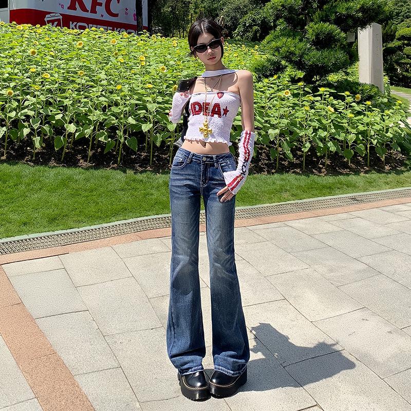 

American Style Frayed High-Waisted Straight-Leg Jeans for Women - Autumn 2024 Trendy Slimming Floor-Length Pants S