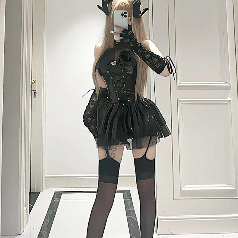 Sexy Cosplay Pu Dress Women Harajuku Streetwear Bandage Hollow Out Bats Dress Punk Y2k Girl Mall Gothic Clothes