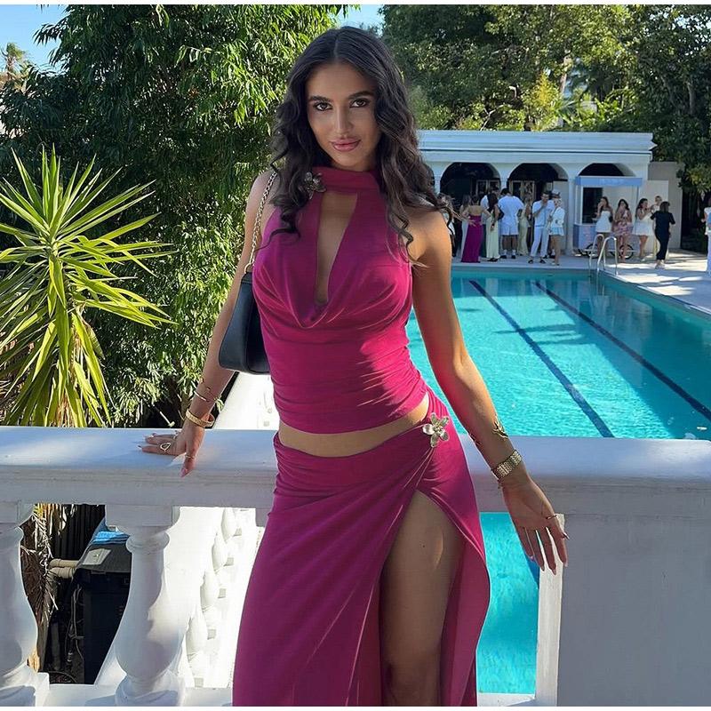 

Сексуальные юбки с металлическим халтер-топом, женские костюмы, открытая спина, без рукавов, майка с высокой талией, разрез, миди, юбка, женские наряды L розы красного