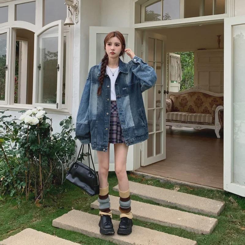 Women's Retro Blue Distressed Denim Jacket – Spring Loose Fit, Unique Design, Trendy Couple's Top