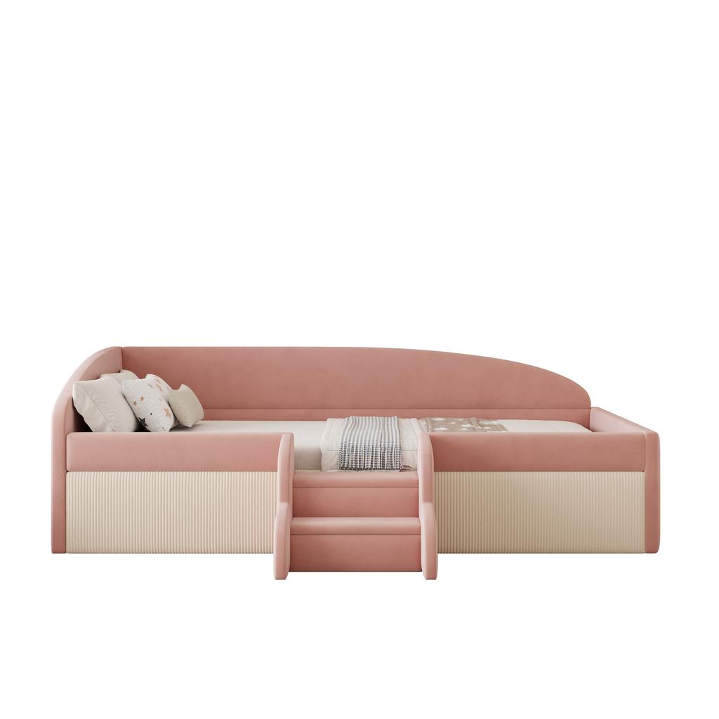 Upholstered Bed Sofa Bed, 90*190cm, Multifunctional Bed, with Steps and Guardrails, Skin-Friendly Velvet Fabric, without Mattress, Pink+Cream White