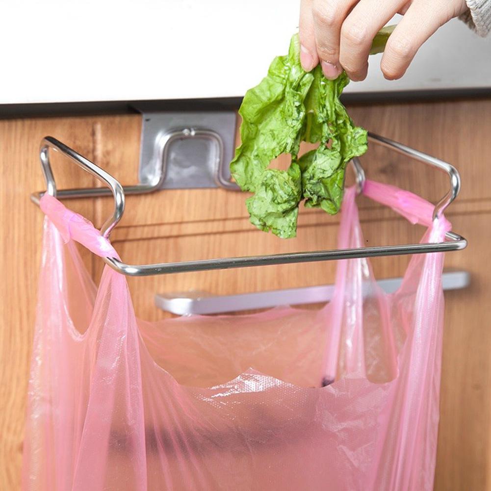 Stainless Steel Door Back Kitchen Garbage Trash Bag Holder Hanging Rack Bracket