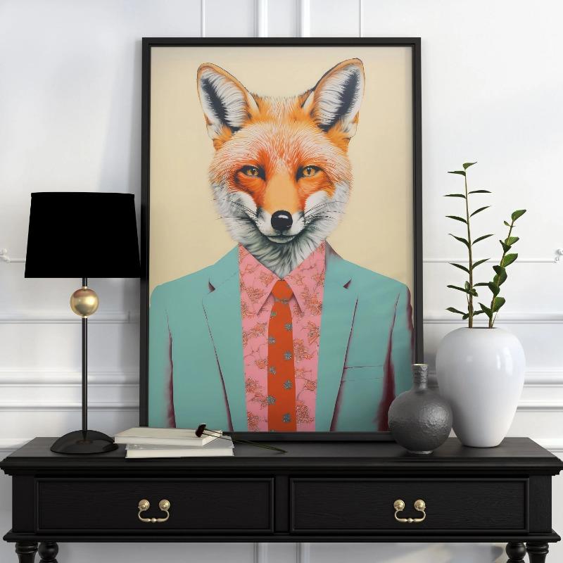 Funny Animal Portrait Wall Art Abstract Prints Dog Fox Duck Alpaca Ostrich Wearing Suit Canvas Painting Home Living Room Decor