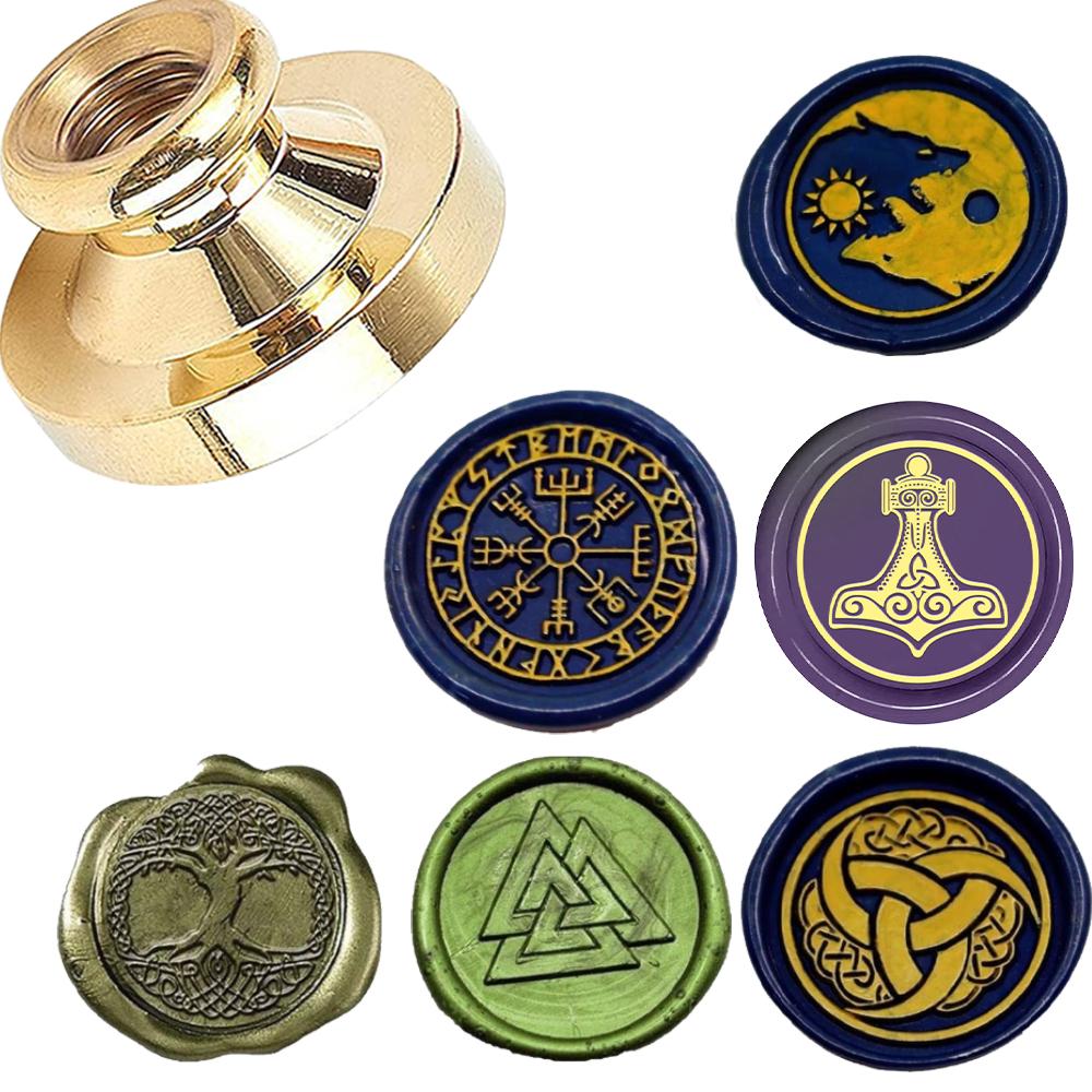 Viking Rune Vegvisir Wax Seal Stamp Compass, Scales Pattern Retro Sealing Wax Stamp 25mm Removable Brass Head for Envelope Card