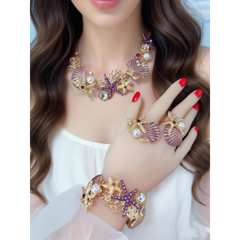 Island style beach starfish vacation four-piece set chain alloy diamond-encrusted bohemian shell jewelry