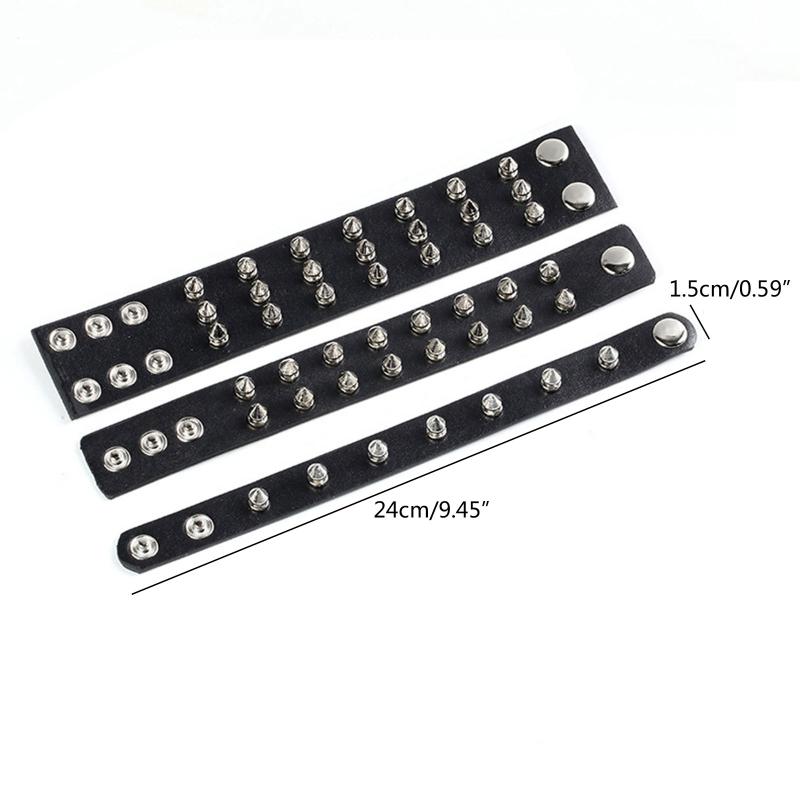 Spiked Studded Bracelet Black Leather Rivets Punk Bracelet Cuff Wrap Bangle Metal Snap Button Wristband for Men Women