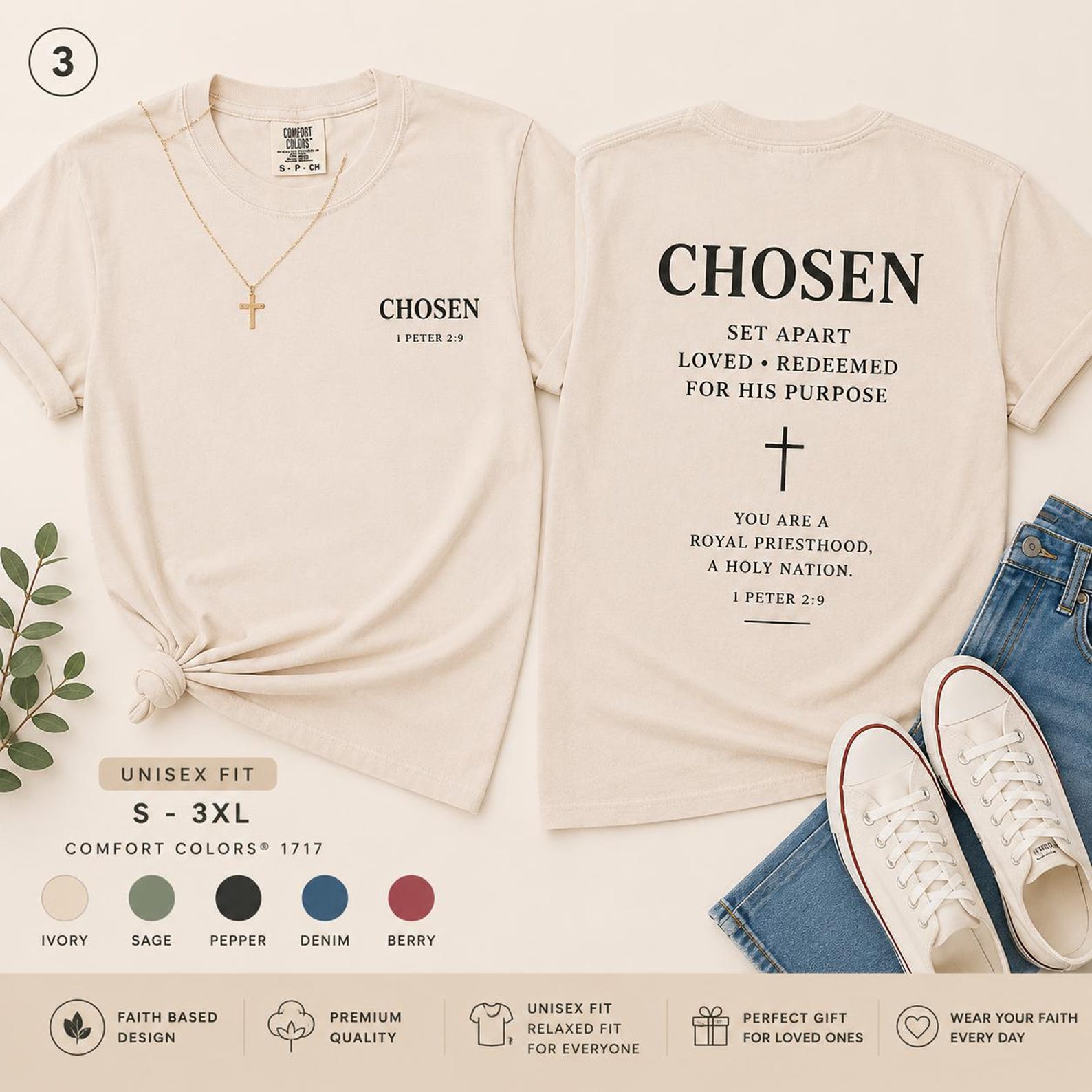 Chosen Christian T-Shirt | 1 Peter 2:9 Faith Shirt | Set Apart Tee | Comfort Colors 1717 | Christian Gift for Women Men 3XL
