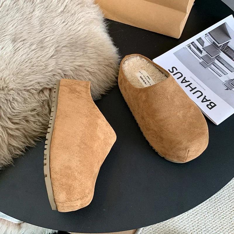 Winter Short Plush Women Mules Slippers Casual Shallow Slip On Ladies Comfort Outdoor Platform Flats House Cotton Shoes
