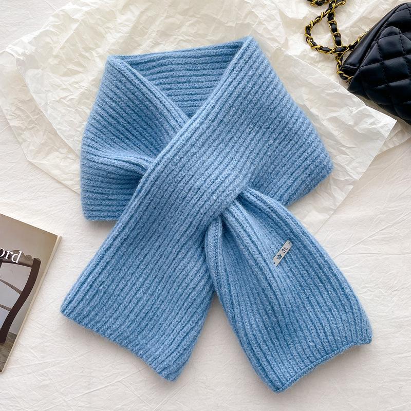 Simple knitted small scarf containing wool, women's autumn and winter age reduction versatile solid color warm cross wool scarf