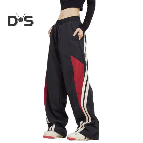 Damenhose, elastisch, hohe Taille, verstellbarer Kordelzug, weites Bein, vertikale Streifennähte, Retro-Streetstyle-Sporthose