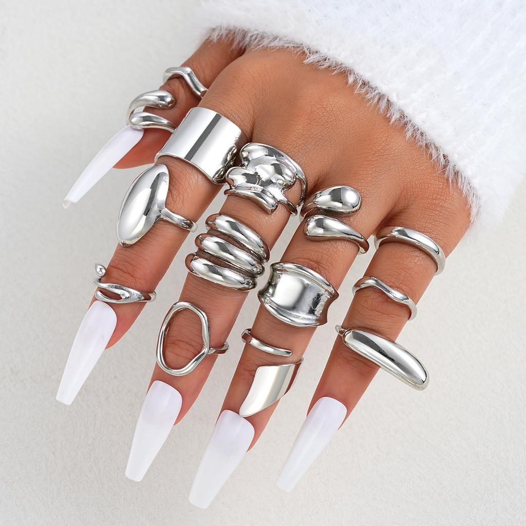 14 Piece Simple Luxury Ring Set for Women Fashion Smooth Wide Face Irregular Geometric Rings Daily Party Wear Jewelry Gifts New