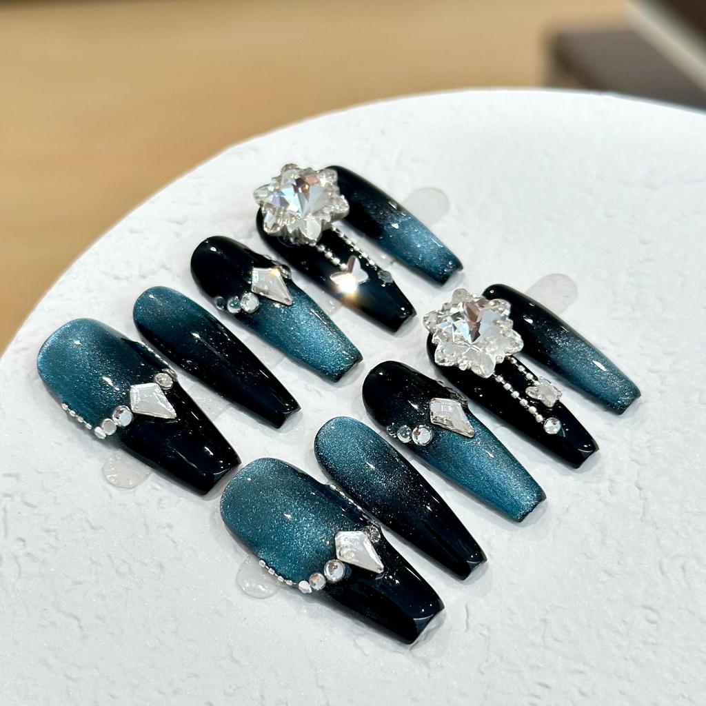 Women Long‑Style Press‑On Nails Black Gradient Sapphire‑Cat‑Eye Luxury Rhinestone Removable False Nail Patches