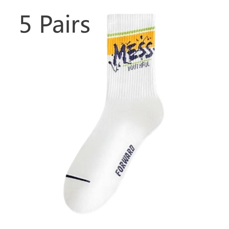 

5 пар мужских весенних и осенних носков из чистого хлопка, модных, антизапаховых и дышащих, для спорта, баскетбола, средней высоты 5 Pairs белый