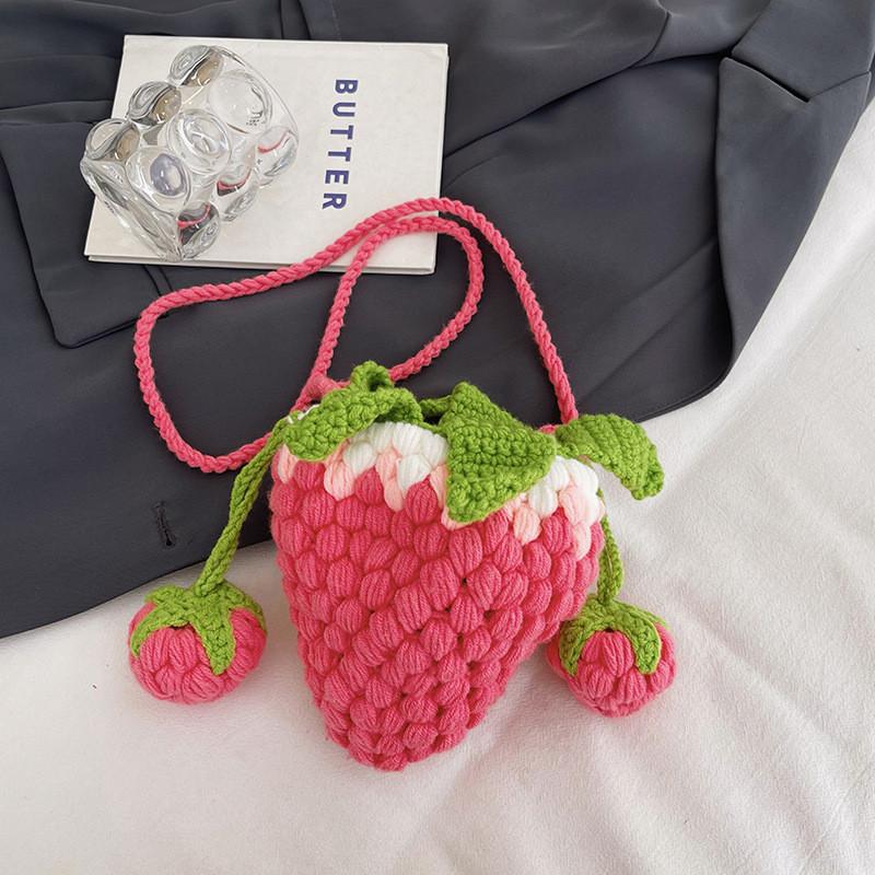 Adorable Korean Style Knitted Strawberry Crossbody Bag For Girls Soft Plush Design