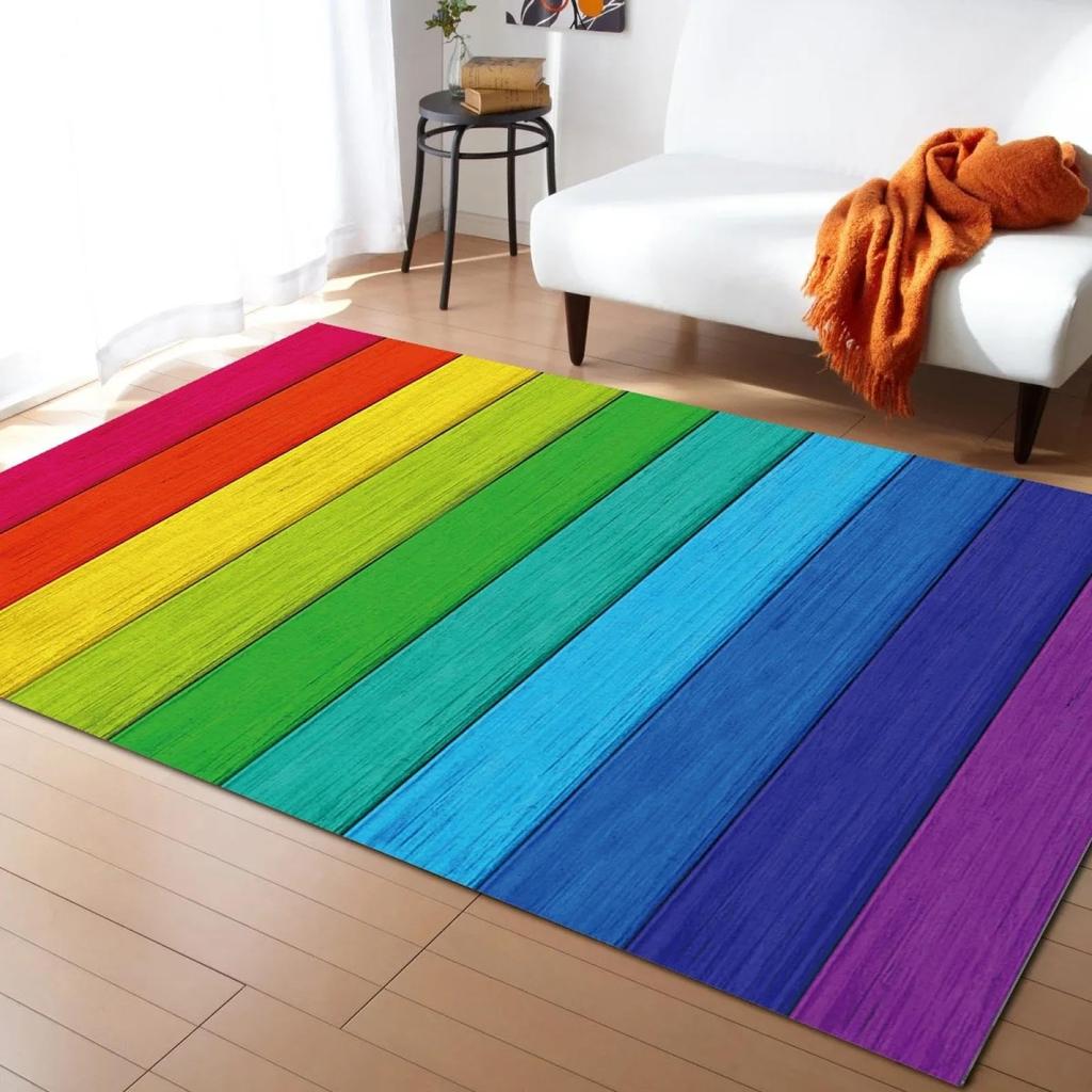 Rainbow Wood Grain Print Area Rug, Colorful Striped Design Non-Slip Floor Mat for Living Room Bedroom Home Decor Carpet
