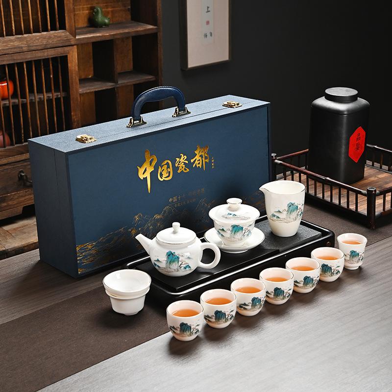 High-end light luxury suet jade kung fu tea set, a complete set of white porcelain ceramics Dehua gold-painted high-end high-value
