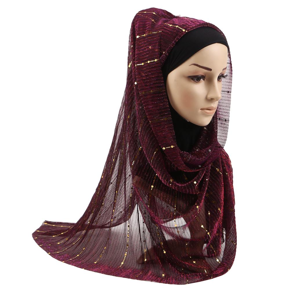 Women Gold Sequins Hijab Scarf, 70x180cm Polyester Shawl Head Cover Daily Wear