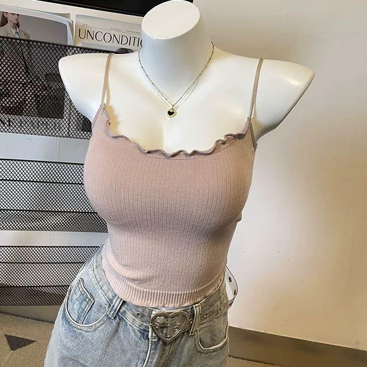 

Французский милый и пикантный жилет-майка с оборками для женщин, летний, с нагрудной подушечкой, облегающий, с красивой спиной, короткий топ S