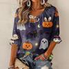 Women's Halloween Print Round Neck Tie Front Ruffle Three-Quarter Sleeve Blouse for Festive Party Wear