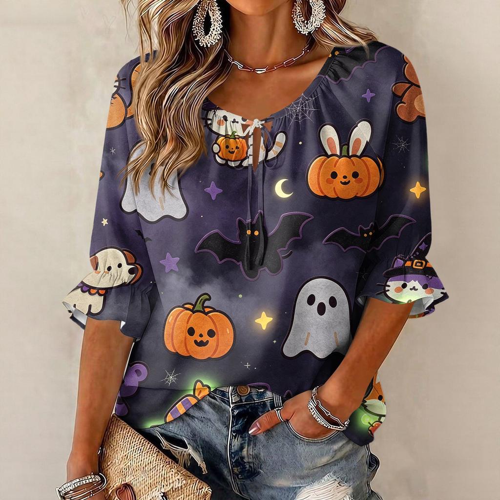 Women's Halloween Print Round Neck Tie Front Ruffle Three-Quarter Sleeve Blouse for Festive Party Wear