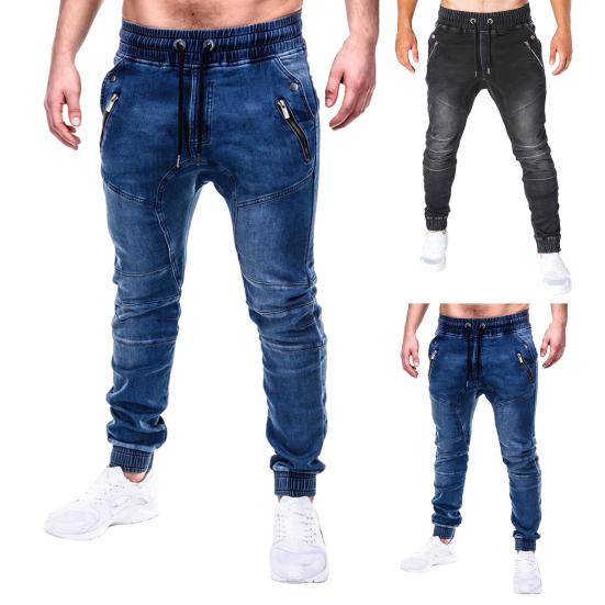 Men Jeans Solid Color Pockets Summer Washable Ankle Tied Denim Pants Streetwear
