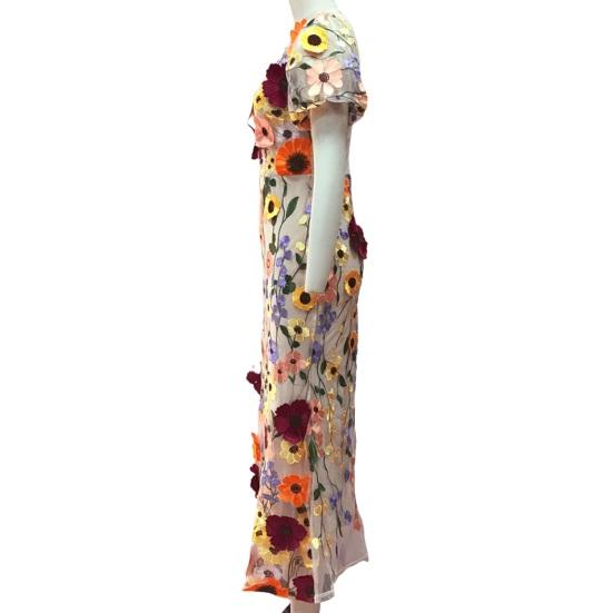 Women Fishtail Dress Round Neck Puff Short Sleeve Embroidered 3D Flower Decor Midi Dress Hip Wrapped Long Dress