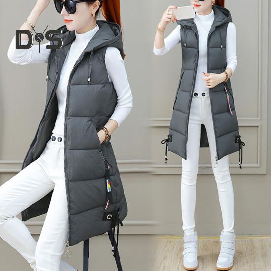 Fall Winter Cotton Vest Coat Mid Length Thickened Padded Sleeveless Zip Up Zipper Closure Drawstring Hooded Windproof Heat Retention Lady Waistcoat